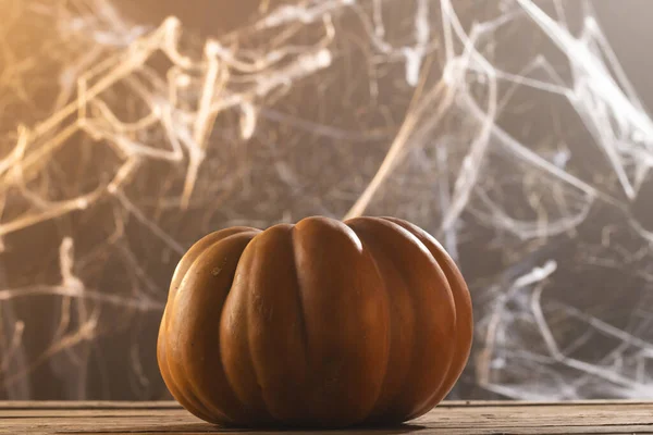 Pumpkin Spiderweb Decorations Copy Space Black Background Fall Autumn Halloween — Stock Photo, Image