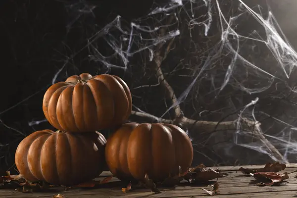 Pumpkins Spiderweb Decorations Copy Space Black Background Fall Autumn Halloween — Stock Photo, Image