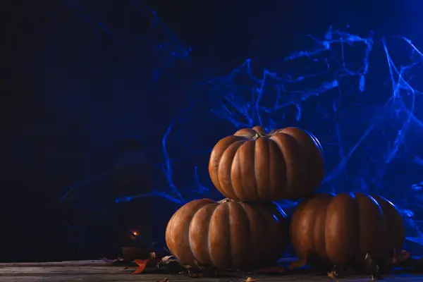 Decorações Abóboras Teia Aranha Com Espaço Cópia Fundo Azul Outono — Fotografia de Stock