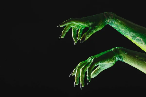 Green Monster Hands Black Nails Reaching Black Background Halloween Tradition — Stock Photo, Image