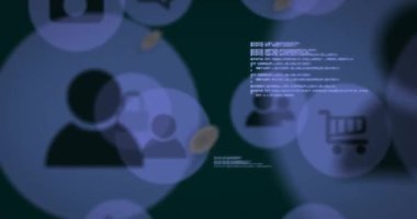 Profil ve araba simgelerinin dünya ve bilgisayar dilinde animasyonu. Hologram, dijital olarak oluşturulmuş, sosyal medya, alışveriş, telekomünikasyon, küresel bağlantı, veri işleme ve teknoloji.