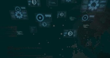 Tarama çemberleri ve programlama dillerinin üzerindeki grafiklerle dönen dünya animasyonları ve ekranlar. Hologram, dijital olarak üretilmiş, iş, rapor, kodlama, küreselleşme, gelecek ve teknoloji.