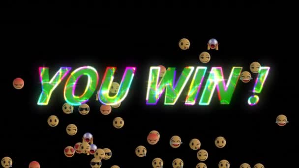 Animation Von Beleuchteten Gewinnen Sie Text Mit Verschiedenen Emojis Bewegen — Stockvideo