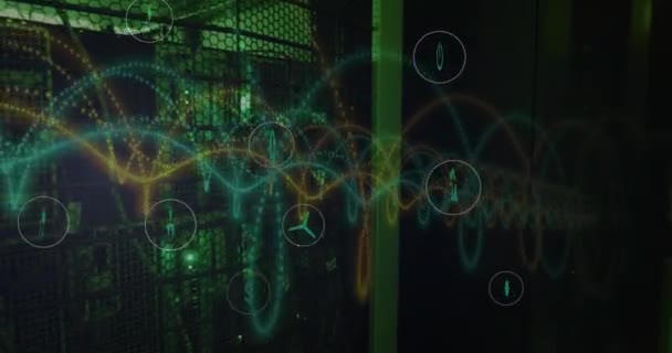 Анимация Иконок Приложений Спирали Над Системами Серверов Данных Помещении Цифровые — стоковое видео