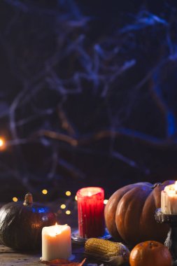 Kabakların, portakalların, mısır koçanları ve koyu arkaplanda kopya alanı olan mumların dikey görüntüsü. Sonbahar, sonbahar, cadılar bayramı, gelenek ve kutlama konsepti.