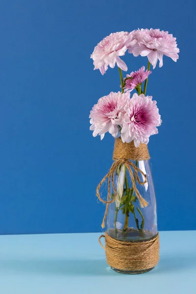 Вертикальное Изображение Розовых Цветов Стеклянной Вазе Копировальное Пространство Синем Фоне — стоковое фото