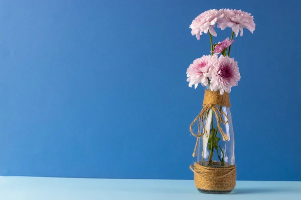 Cam Vazodaki Pembe Çiçekler Mavi Arkaplandaki Boşluğu Kopyalayın Çiçek Bitki — Stok fotoğraf
