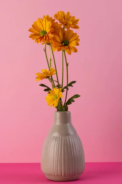 Vazodaki Sarı Çiçeklerin Dikey Görüntüsü Pembe Arka Plandaki Boşluğu Kopyala — Stok fotoğraf
