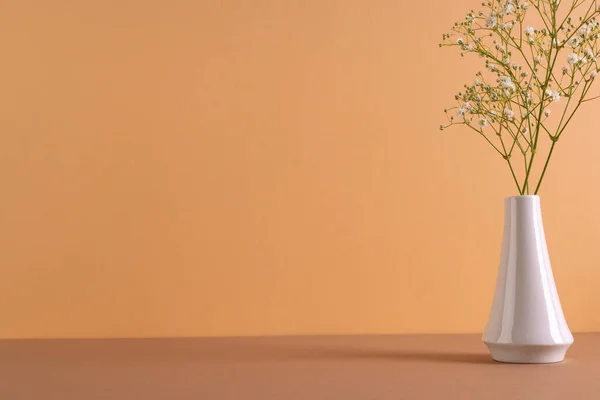 Белые Цветы Белой Вазе Копировать Пространство Оранжевом Фоне Цветок Растение — стоковое фото