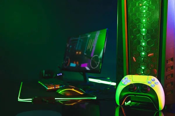 Sammansatt Dator Med Videospel Tillbehör Med Kopieringsutrymme Neon Bakgrund Spel — Stockfoto