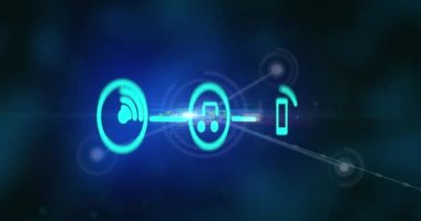 Kablosuz internet, müzik ve telefon simgelerinin birleşik noktalar üzerinde akış şeması oluşturması. Dijital olarak üretilmiş, ses, internet, taşınabilir, telekomünikasyon, ağ, teknoloji ve mobil uygulamalar kavramı.