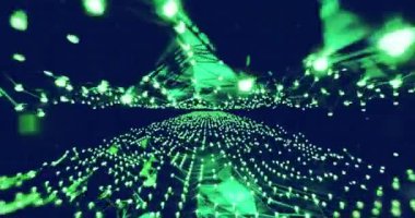 Siyah zemin üzerinde dinamik dalgalar oluşturan bağlı noktaların animasyonu. Dijital olarak üretilmiş, hologram, illüstrasyon, iletişim, aydınlanma, veri, fütüristik ve teknoloji kavramı.
