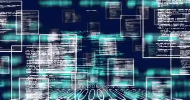 검은색 배경에 컴퓨터 언어와 바이너리 코드의 애니메이션 디지털 홀로그램 일러스트레이션 — 비디오