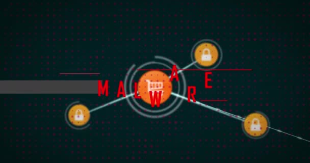 Animación Texto Malware Con Candado Conectado Los Iconos Del Carrito — Vídeo de stock
