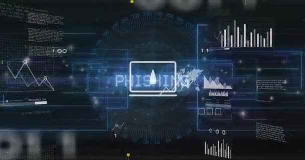 바이너리 코드와 컴퓨터 언어와 아이콘 텍스트 패턴의 애니메이션 디지털 홀로그램 — 비디오