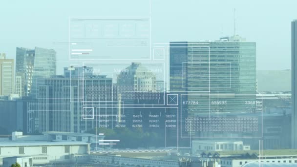 Animation Multiple Hud Screens Numbers Modern Buildings City Digital Composite — Stock Video
