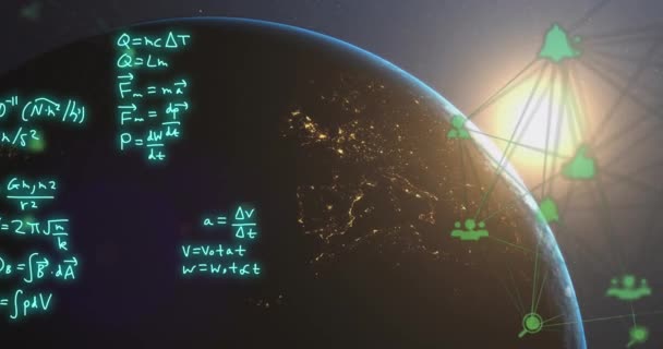 Matematiksel Denklemlerin Animasyonu Dönen Dünya Üzerinde Bağlı Ikonlar Dijital Olarak — Stok video