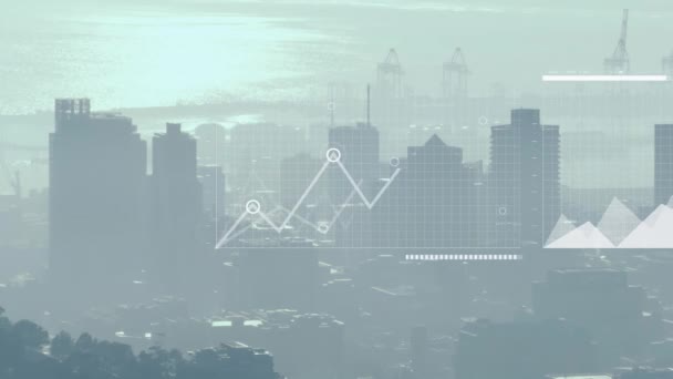 Animation Multiple Graphs Moving Aerial View Silhouette Cityscape Digital Composite — Stock Video