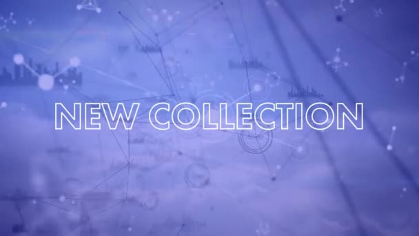Animacja Nowego Tekstu Kolekcji Połączonymi Wykresami Ikonami Timerów Nad Chmurami — Wideo stockowe