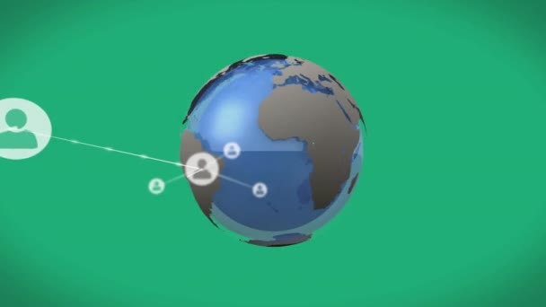 Animação Ícones Pessoas Conectadas Aviões Voando Redor Globo Fundo Verde — Vídeo de Stock