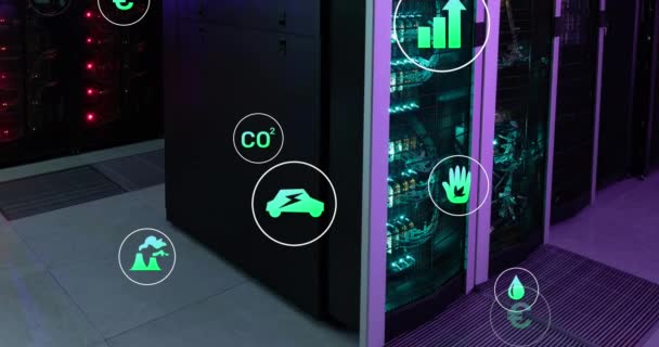 Анімація Зелених Піктограм Технологій Рухаються Через Стійки Сервера Даних Цифровий — стокове відео