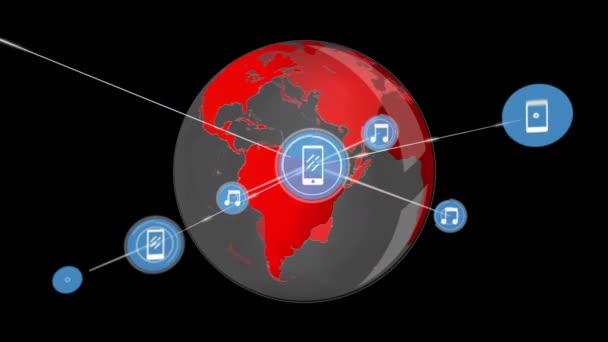 Animace Připojené Hudby Telefonních Ikon Globem Rotující Černém Pozadí Digitální — Stock video
