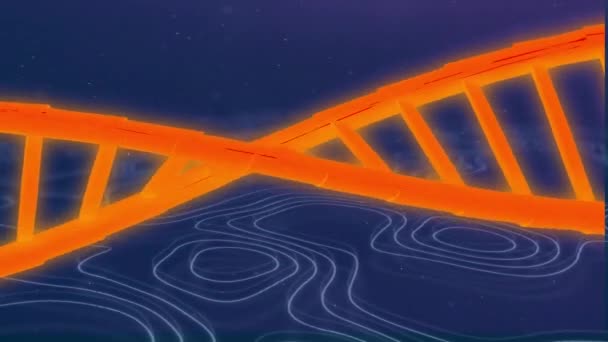 青い背景の波のパターンに回転するオレンジ色のDnaヘリックスのアニメーション ホログラム デジタル生成 遺伝子研究 生物学 — ストック動画