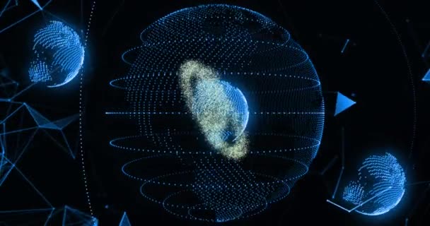 Анімація Вітрувіанської Людини Колі Обертовими Глобусами Єднаними Точками Чорному Тлі — стокове відео