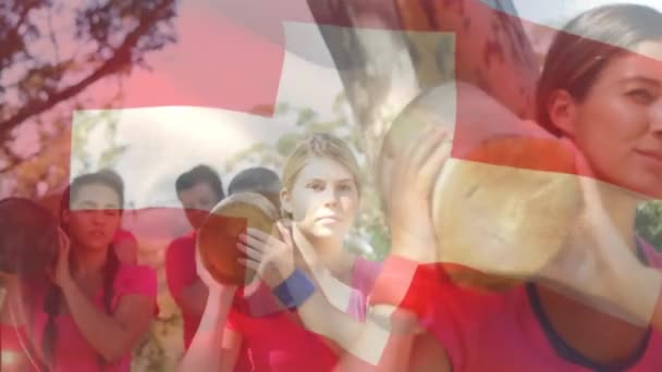 Animáció Zászló Svájcban Különböző Női Játékosok Hordozó Napló Vállán Digitális — Stock videók