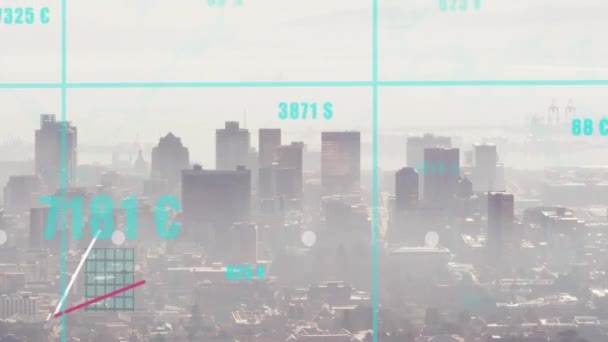 Анимация Множества Графов Чисел Над Воздушным Видом Современный Городской Пейзаж — стоковое видео