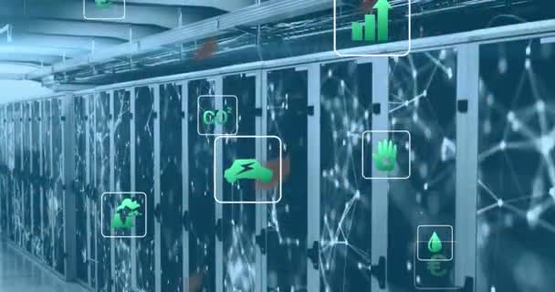 Animatie Van Groene Technologie Pictogrammen Aangesloten Punten Data Server Racks — Stockvideo