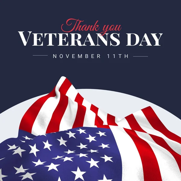Composite of thank you veterans day text over flag of usa on blue background. Veterans day, american defence forces and patriotism concept digitally generated image.