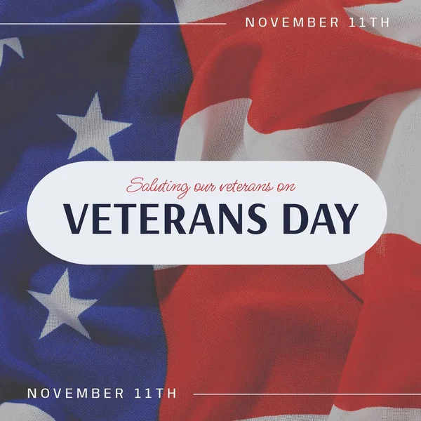 Composite of saluting our veterans day november 11th text over flag of usa background. Veterans day, american defence forces and patriotism concept digitally generated image.