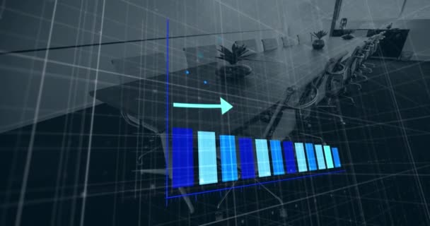 Animace Sloupcového Grafu Znázorňující Růst Nad Prázdnými Židlemi Stolem Uspořádaným — Stock video