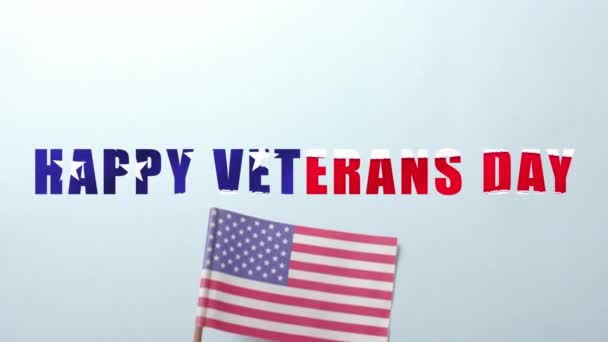 退役軍人の日のテキストのアニメーション アメリカ合衆国の国旗を握る手 退役軍人の日 愛国心 アメリカの伝統と祝賀コンセプトデジタル生成ビデオ — ストック動画