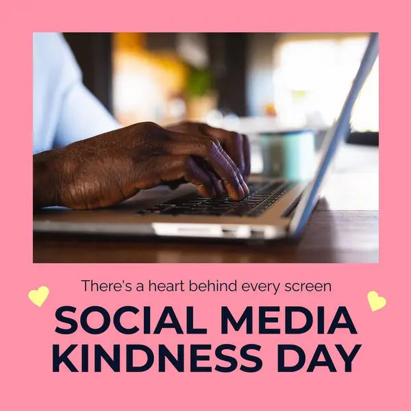 Composite Social Media Kindness Day Text African American Man Using — Stock Photo, Image