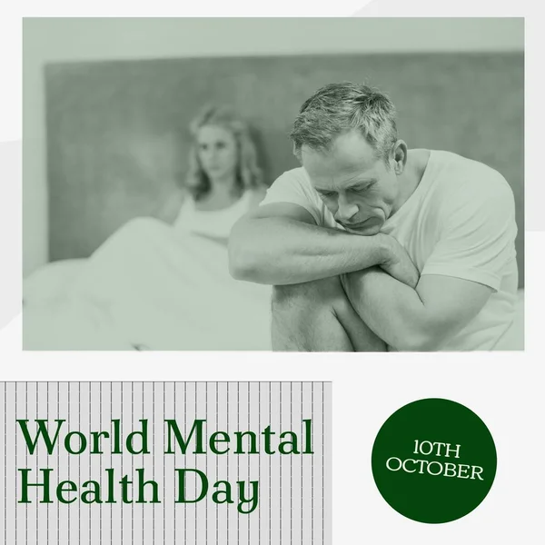 Composite of world mental health day text over sad senior caucasian man. Mental health, support and mental health awareness concept digitally generated image.