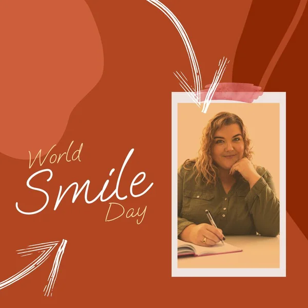 Composite of world smile day and caucasian woman smiling over arrow on brown background. Smiling, happiness and facial expression concept digitally generated image.