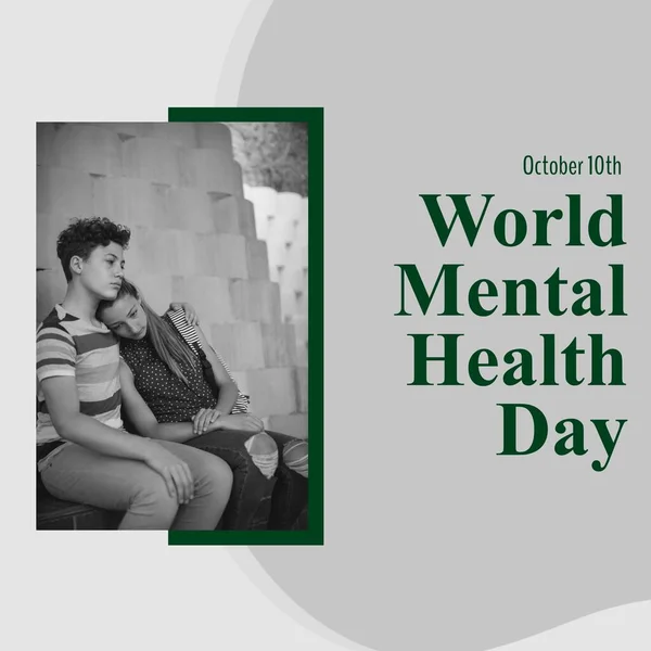 Composite of world mental health day text over sad caucasian couple. Mental health, support and mental health awareness concept digitally generated image.