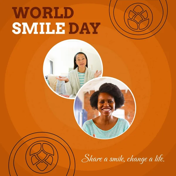 Composite of world smile day text and diverse women smiling over brown background. Smiling, happiness and facial expression concept digitally generated image.
