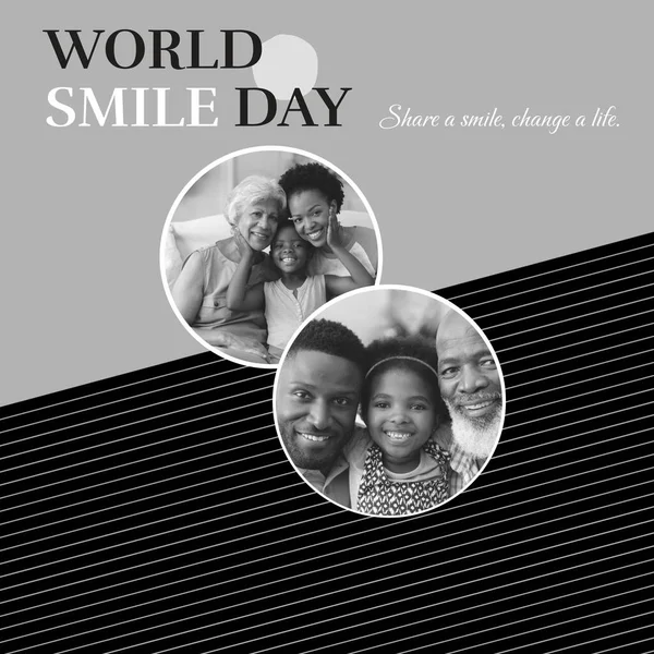 Composite of world smile day text and diverse people smiling over grey background. Smiling, happiness and facial expression concept digitally generated image.
