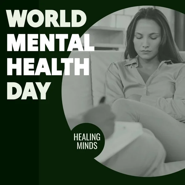 Composite World Mental Health Day Text Depressed Caucasian Woman Sensibilisation — Photo