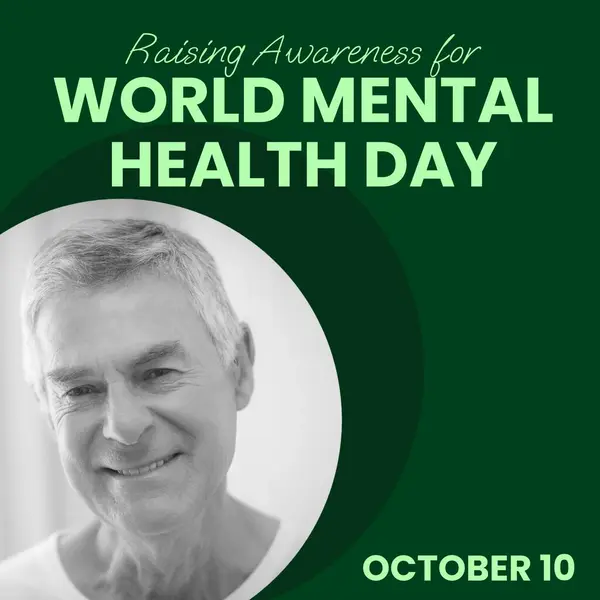 Composite of world mental health day text over smiling senior caucasian man. Mental health, support and mental health awareness concept digitally generated image.