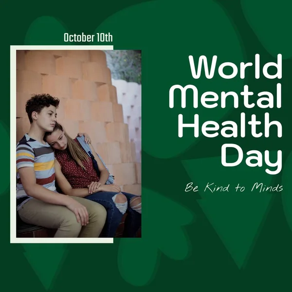 Composite of world mental health day text over sad caucasian couple. Mental health, support and mental health awareness concept digitally generated image.