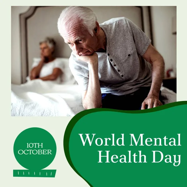 Composite of world mental health day text over sad caucasian man. Mental health, support and mental health awareness concept digitally generated image.
