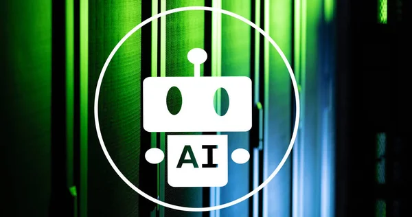 在计算机服务器上集成Ai机器人图标 全球人工智能 数据处理和数字界面概念数字生成的图像 — 图库照片