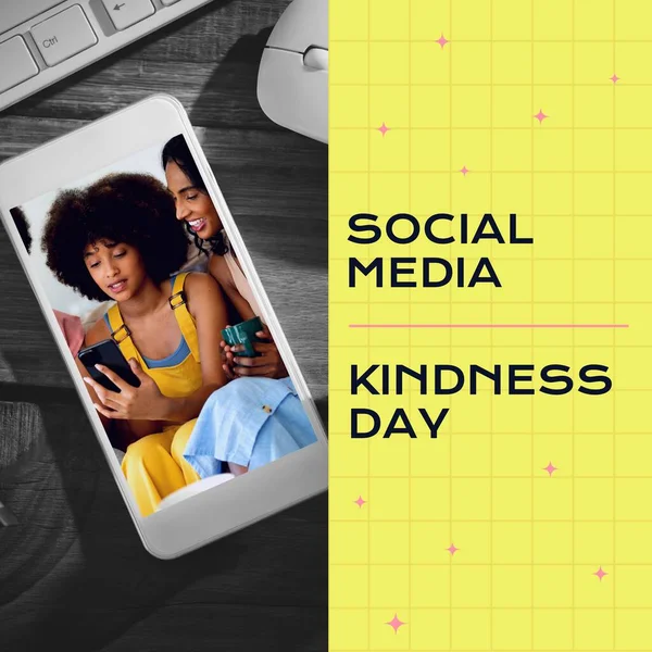 Composite Social Media Kindness Day Text Diverse People Using Smartphones — Stock Photo, Image