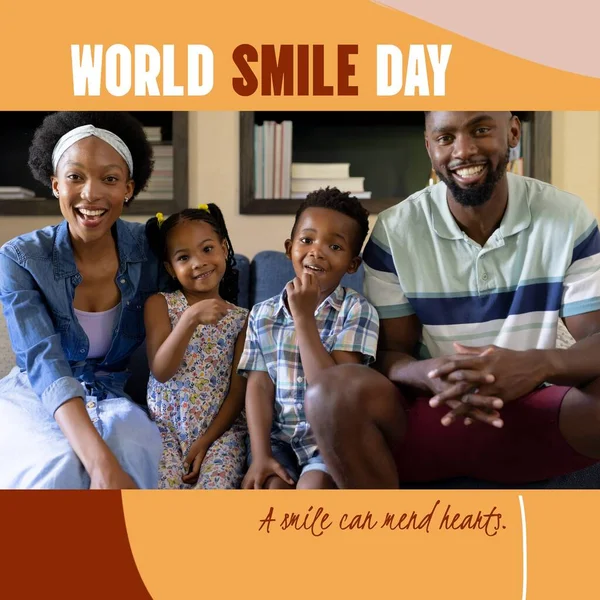 Composite of world smile day text and african american couple with son and daughter smiling. Smiling, happiness and facial expression concept digitally generated image.