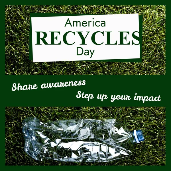 Composite America Recycle Texte Jour Bouteille Plastique Sur Herbe Recyclage — Photo