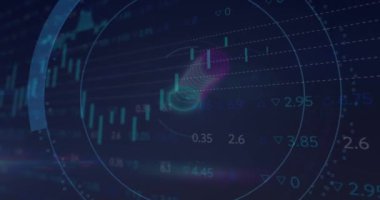 Asma kilit animasyonu, birden fazla grafikli daireler ve soyut arkaplan üzerinde işlem tahtası. Dijital olarak üretilmiş, hologram, koruma, rapor, iş ve borsa kavramı.